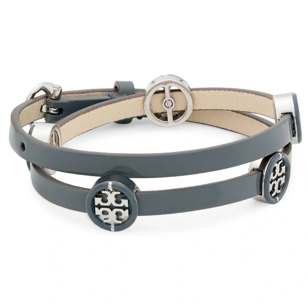 🆕Tory Burch Authentic Miller Silver & Leather Blue Enamel Double Wrap Bracelet